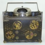 A MEIJI PERIOD JAPANESE LACQUERED "TABAKO-BON" with small Hibachi top, carrying handle and three