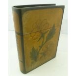 AN EDWARDIAN TREEN PHOTOGRAPH STORAGE BOX formed as a book, floral decorated, inscribed "Photos"