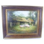 MAGGIE BARTON Pigs and Chickens in pasture before thatched stone barns, Oil on board, signed, 24 x