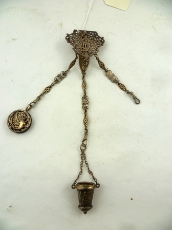 WILLIAM NEALE A CAST SILVER CHATELAINE, decorative belt clip with three chain suspensions, Sheffield