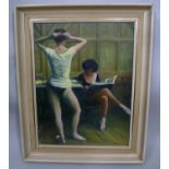 BARBARA HUTCHBY "Backstage", ballet dancers at rest, an Oil on board, signed, 37cm x 28cm framed