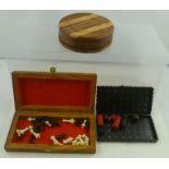 TWO PORTABLE CHESS SETS, one rectangular in olive wood and another hardwood circular, together