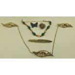 A SELECTION OF SILVER COLOURED METAL JEWELLERY to include; an enamel butterfly brooch, a silver