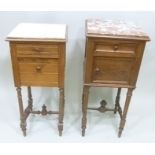 A LATE 19TH CENTURY FRENCH PINE BEDSIDE CUPBOARD fitted drawer, rouge marble top on fluted and