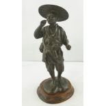 A 20TH CENTURY CAST AND PATINATED JAPANESE BRONZE of a standing fisherman with a basket on his hip