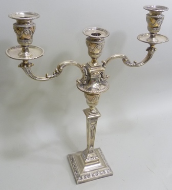 A SILVER PLATED CANDELABRA OF ADAM DESIGN, having three swagged urn sconces on two branches, this - Image 2 of 2
