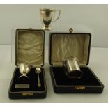TWO SILVER CHRISTENING CUPS both monogrammed, one cased and a silver EGG CUP & SPOON monogrammed and