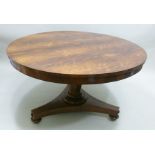 A 19TH CENTURY ROSEWOOD SNAP TOP SUPPER TABLE raised on tapering octagonal stem and Trafalgar base