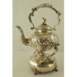 AN EPNS VICTORIAN STYLE KETTLE-ON-STAND, having repousse body, on a spun spirit holder