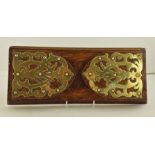 A LATE VICTORIAN OAK EXPANDABLE DESK TOP BOOK RACK with pierced brass decoration in the Gothic