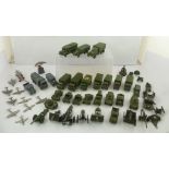 A SELECTION OF PLAY WORN ARMY DINKY DIE CAST VEHICLES, comprising four 3 ton wagons, command