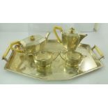 EDWARD VINER LIMITED A GEORGE V ART DECO INFLUENCED SILVER FOUR-PIECE TEA SET AND MATCHING TRAY,