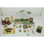 A SELECTION OF COINS, JEWELLERY & MEDALS to include; a cased Imperial Service medal, a silver