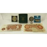 A SMALL COLLECTION OF COINS AND BANK NOTES comprising; Festival of Britain crown 1951 in green