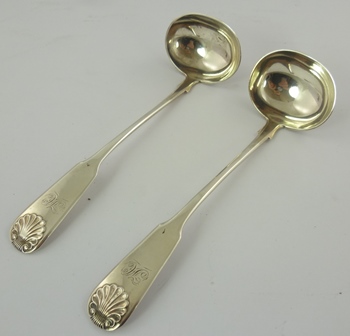 J** E** (maker not recorded) A PAIR OF EARLY VICTORIAN SILVER SAUCE LADLES, having fiddle and