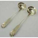 J** E** (maker not recorded) A PAIR OF EARLY VICTORIAN SILVER SAUCE LADLES, having fiddle and