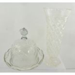 A VICTORIAN CUT GLASS CHEESE BELL with dished base and facetted knop, 18cm high, together with a cut