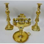 A PAIR OF 19TH CENTURY BRASS CANDLESTICKS, with "ace of diamond" knops, 30cm high, a CHAMBERSTICK,