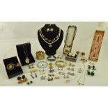A QUANTITY OF COSTUME JEWELLERY including; suite of necklace and earrings, numerous pairs of clip