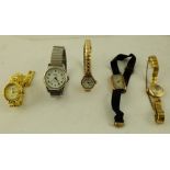 A SELECTION OF FIVE LADY'S WRIST WATCHES comprising; three gold, Excalibur 15 jewel, Everite 17
