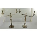 A PAIR OF SILVER PLATE TWIN BRANCH CANDELABRUM with cast decoration, raised on circular bases,