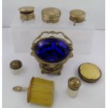 A QUANTITY OF MISCELLANEOUS SILVER ITEMS including; a swing handled bon-bon basket with blue glass