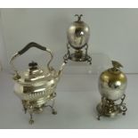 A SILVER PLATED SPIRIT KETTLE of Georgian design, on stand with burner, together with TWO SILVER