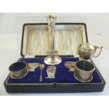 A SELECTION OF ITEMS to include a silver specimen flower vase, Birmingham 1973, two napkin rings,
