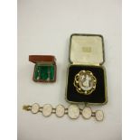 AN ANGEL SKIN CORAL PERIOD BRACELET, A CAMEO PINCHBECK AND PASTE PEARL BROOCH and period diamond,