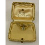 A VICTORIAN 15CT GOLD AQUAMARINE AND SEED PEARL BUTTERFLY/BEE BROOCH, having stone set abdomen and