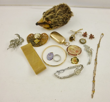 A SELECTION OF COSTUME JEWELLERY including a Rotary marcasite wrist watch, a marcasite brooch, a