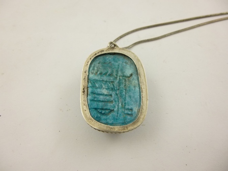 AN EGYPTIAN REVIVAL SILVER BRACELET, a large old Scarab mounted in silver coloured metal and a - Image 2 of 7