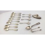 A QUANTITY OF GEORGE III AND LATER SILVER FLATWARE, includes four fiddle pattern condiment spoons,