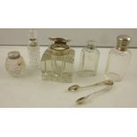 A SELECTION OF SILVER MOUNTED ITEMS, to include a cube glass inkwell, sugar tongs, Victorian salt,