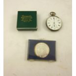 A FOREIGN SILVER OPEN FACE GENTLEMAN'S POCKET WATCH, having keyless 15-jewel lever mechanism faced