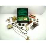 A SELECTION OF ANTIQUE JEWELLERY AND ASSOCIATED ITEMS to include; Whitby jet, lace pins, hair