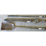 A SET OF THREE GEORGIAN DESIGN STEEL FIRE IRONS, comprising shovel, tongs and poker, with ball