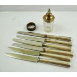 A SELECTION OF ITEMS comprising; six 19th century silver handled table knives with reeded