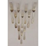 HAYNE & CATER A SET OF TEN VICTORIAN FIDDLE PATTERN SILVER TABLE FORKS, each monogrammed 'L', London