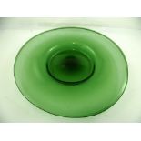 A LARGE LATE 19TH CENTURY BLOWN AND SPUN GLASS CHARGER, green tinted with wide rim and shallow