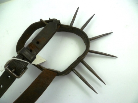 A PROBABLY 19TH CENTURY SPIKED LEATHER DOG COLLAR with restraining strap, each spike 7cm long - Image 2 of 2