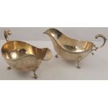 BARKER ELLIS SILVER COMPANY A PAIR OF GEORGIAN DESIGN SILVER SAUCE BOATS, each having gadrooned