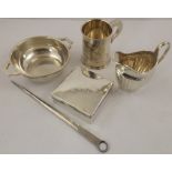 A SILVER TWO-HANDLED DISH OR QUAICH, Birmingham 1944, and a silver CREAM JUG, a CIGARETTE BOX (cedar