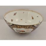 A WORCESTER STYLE BOWL, polychrome decorated with panels of exotic birds and flowers on a blue scale