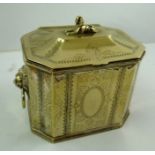 A JAMES DIXON AND SONS SILVER PLATED TEA CADDY having canted corners, the hinged cover with sphinx