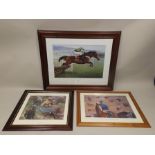 A HORSE RACING COLOUR PRINT "Istabraq" champion hurdler, 40 x 60cm framed and two other horse racing