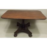 A PART VICTORIAN MAHOGANY TIP-TOP BREAKFAST TABLE, having rectangular top with bead carved edge,