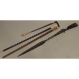 TWO PROBABLY EARLY 20TH CENTURY AFRICAN NYASALAND WALKING CANES, one with spotty inset shaft, the