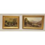 EDWARDIAN SCHOOL A path by a river valley with misty hills, 29cm x 39cm in gilt frame and another