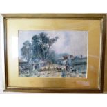 DAVID COX "Shepherd and flock outside a village", a Watercolour, signed, 38cm x 55cm in gilt